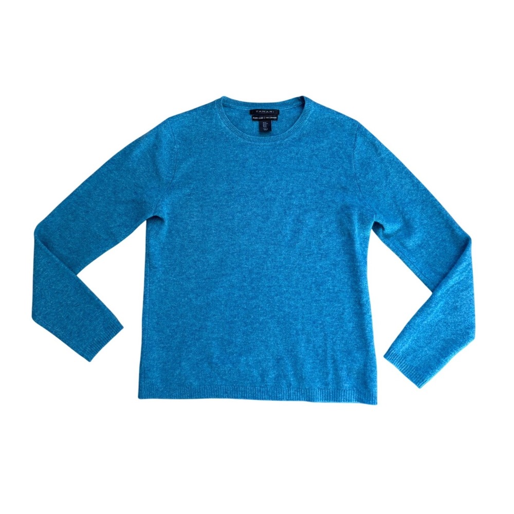 Tahari Pure Luxe Cashmere Sweater Medium Teal Blue‎ Crewneck Long Sleeve preppy